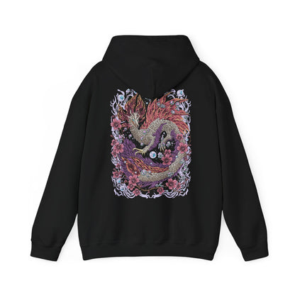 Image 5 of a Hooded Sweatshirt of Mizutsune standing atop crashing waves beneath a moonlit sky, soap-like bubbles swirling around its elegant frame while water currents spiral outward. Its glowing eyes and flowing fins create an almost mystical appearance. The composition emphasizes grace, speed, and the enchanting yet deadly presence of one of Monster Hunter’s most iconic leviathans.