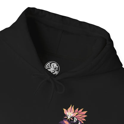 Folded Hooded Sweatshirt of Mizutsune standing atop crashing waves beneath a moonlit sky, soap-like bubbles swirling around its elegant frame while water currents spiral outward. Its glowing eyes and flowing fins create an almost mystical appearance. The composition emphasizes grace, speed, and the enchanting yet deadly presence of one of Monster Hunter’s most iconic leviathans.