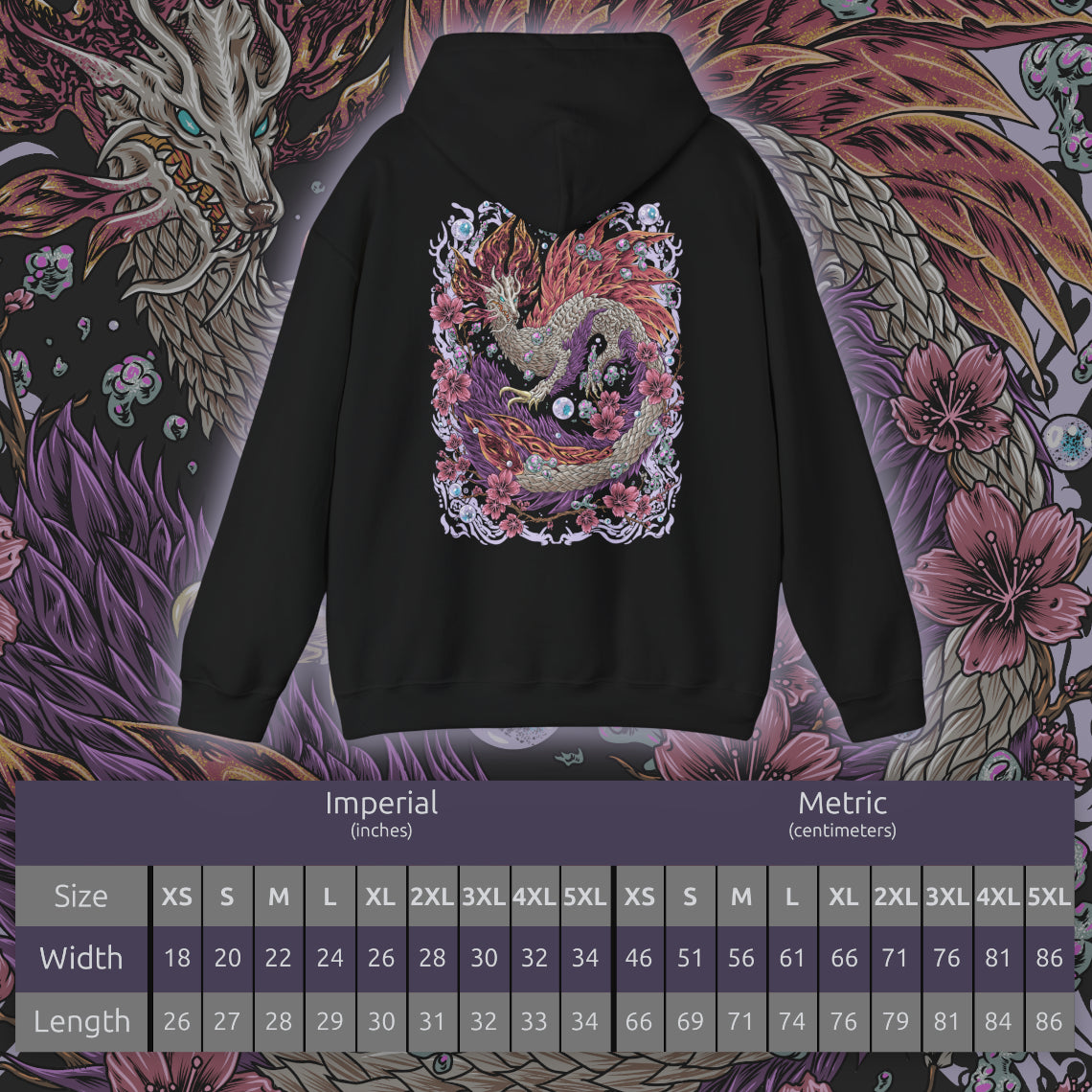 Size chart of a Hooded Sweatshirt of Mizutsune standing atop crashing waves beneath a moonlit sky, soap-like bubbles swirling around its elegant frame while water currents spiral outward. Its glowing eyes and flowing fins create an almost mystical appearance. The composition emphasizes grace, speed, and the enchanting yet deadly presence of one of Monster Hunter’s most iconic leviathans.