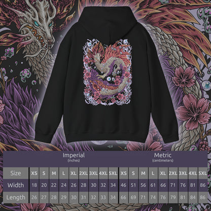 Size chart of a Hooded Sweatshirt of Mizutsune standing atop crashing waves beneath a moonlit sky, soap-like bubbles swirling around its elegant frame while water currents spiral outward. Its glowing eyes and flowing fins create an almost mystical appearance. The composition emphasizes grace, speed, and the enchanting yet deadly presence of one of Monster Hunter’s most iconic leviathans.
