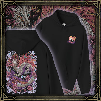 Thumbnail of a Hooded Sweatshirt of Mizutsune standing atop crashing waves beneath a moonlit sky, soap-like bubbles swirling around its elegant frame while water currents spiral outward. Its glowing eyes and flowing fins create an almost mystical appearance. The composition emphasizes grace, speed, and the enchanting yet deadly presence of one of Monster Hunter’s most iconic leviathans.