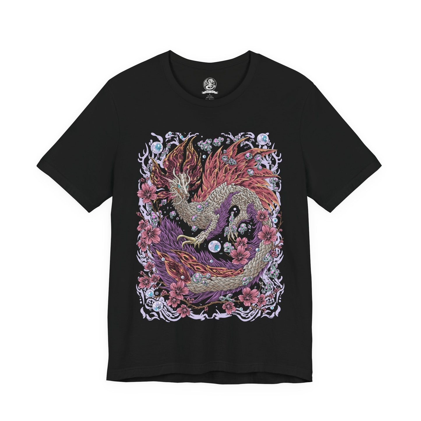 Image 4 of a T-Shirt design of Mizutsune from Monster Hunter, the graceful leviathan gliding across shimmering water as glowing bubbles drift through the air. Its sleek pink and white scales reflect moonlight while streams of water spiral around its serpentine body. The design captures Mizutsune’s elegant movements, aquatic mastery, and the deceptive beauty of a predator that attacks with fluid precision.