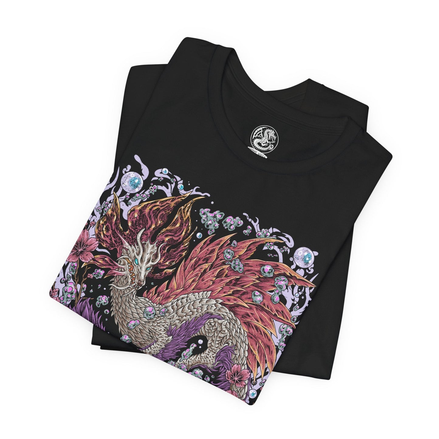 Image 5 of a T-Shirt design of Mizutsune from Monster Hunter, the graceful leviathan gliding across shimmering water as glowing bubbles drift through the air. Its sleek pink and white scales reflect moonlight while streams of water spiral around its serpentine body. The design captures Mizutsune’s elegant movements, aquatic mastery, and the deceptive beauty of a predator that attacks with fluid precision.