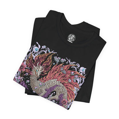 Image 5 of a T-Shirt design of Mizutsune from Monster Hunter, the graceful leviathan gliding across shimmering water as glowing bubbles drift through the air. Its sleek pink and white scales reflect moonlight while streams of water spiral around its serpentine body. The design captures Mizutsune’s elegant movements, aquatic mastery, and the deceptive beauty of a predator that attacks with fluid precision.