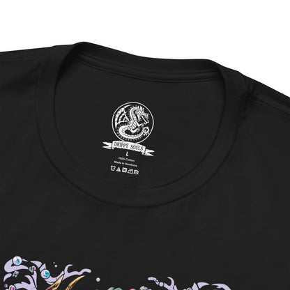 Folded T-Shirt design of Mizutsune from Monster Hunter, the graceful leviathan gliding across shimmering water as glowing bubbles drift through the air. Its sleek pink and white scales reflect moonlight while streams of water spiral around its serpentine body. The design captures Mizutsune’s elegant movements, aquatic mastery, and the deceptive beauty of a predator that attacks with fluid precision.