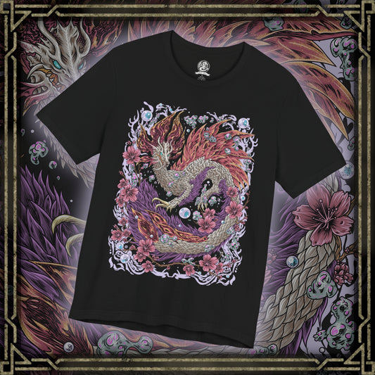 Thumbnail of a T-Shirt design of Mizutsune from Monster Hunter, the graceful leviathan gliding across shimmering water as glowing bubbles drift through the air. Its sleek pink and white scales reflect moonlight while streams of water spiral around its serpentine body. The design captures Mizutsune’s elegant movements, aquatic mastery, and the deceptive beauty of a predator that attacks with fluid precision.