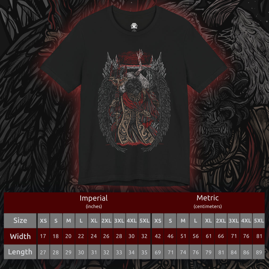 Size chart of a T-shirt featuring Mohg, Lord of Blood from Elden Ring, displaying his dark, blood-soaked figure and menacing aura, ideal for fans drawn to the sinister lore of the Blood Dynasty and the powerful demigod of the Lands Between.