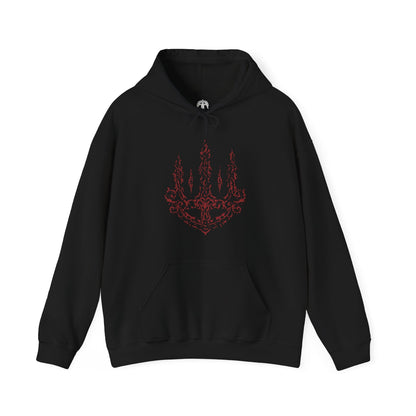 Image 4 of a Hooded Sweatshirt featuring Mohg, Lord of Blood from Elden Ring, displaying his dark, blood-soaked figure and menacing aura, ideal for fans drawn to the sinister lore of the Blood Dynasty and the powerful demigod of the Lands Between.