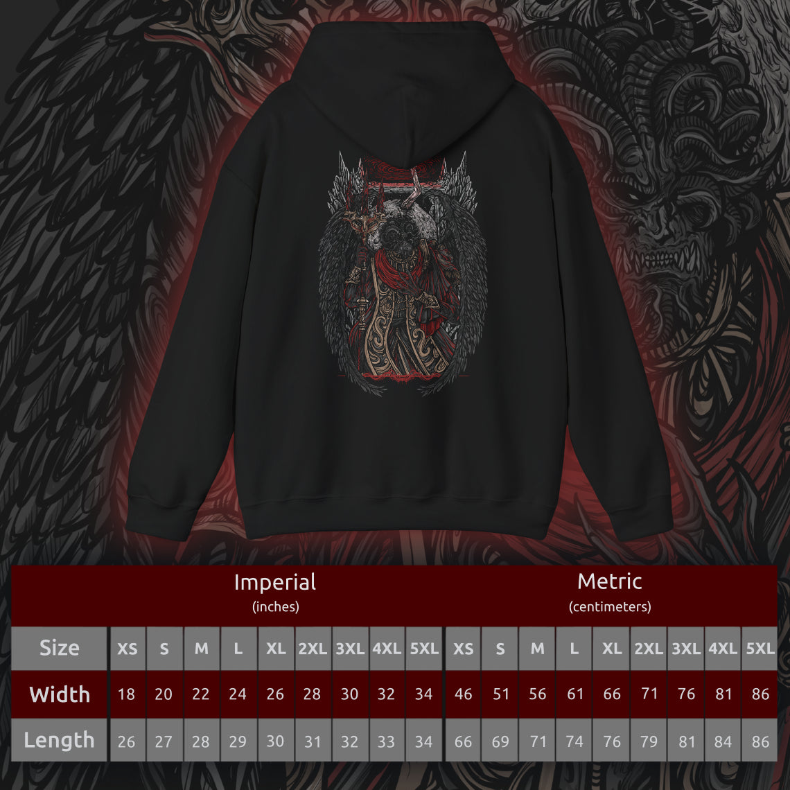 Size chart of a Hooded Sweatshirt featuring Mohg, Lord of Blood from Elden Ring, displaying his dark, blood-soaked figure and menacing aura, ideal for fans drawn to the sinister lore of the Blood Dynasty and the powerful demigod of the Lands Between.
