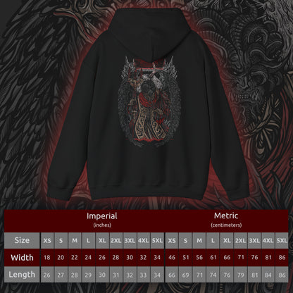 Size chart of a Hooded Sweatshirt featuring Mohg, Lord of Blood from Elden Ring, displaying his dark, blood-soaked figure and menacing aura, ideal for fans drawn to the sinister lore of the Blood Dynasty and the powerful demigod of the Lands Between.