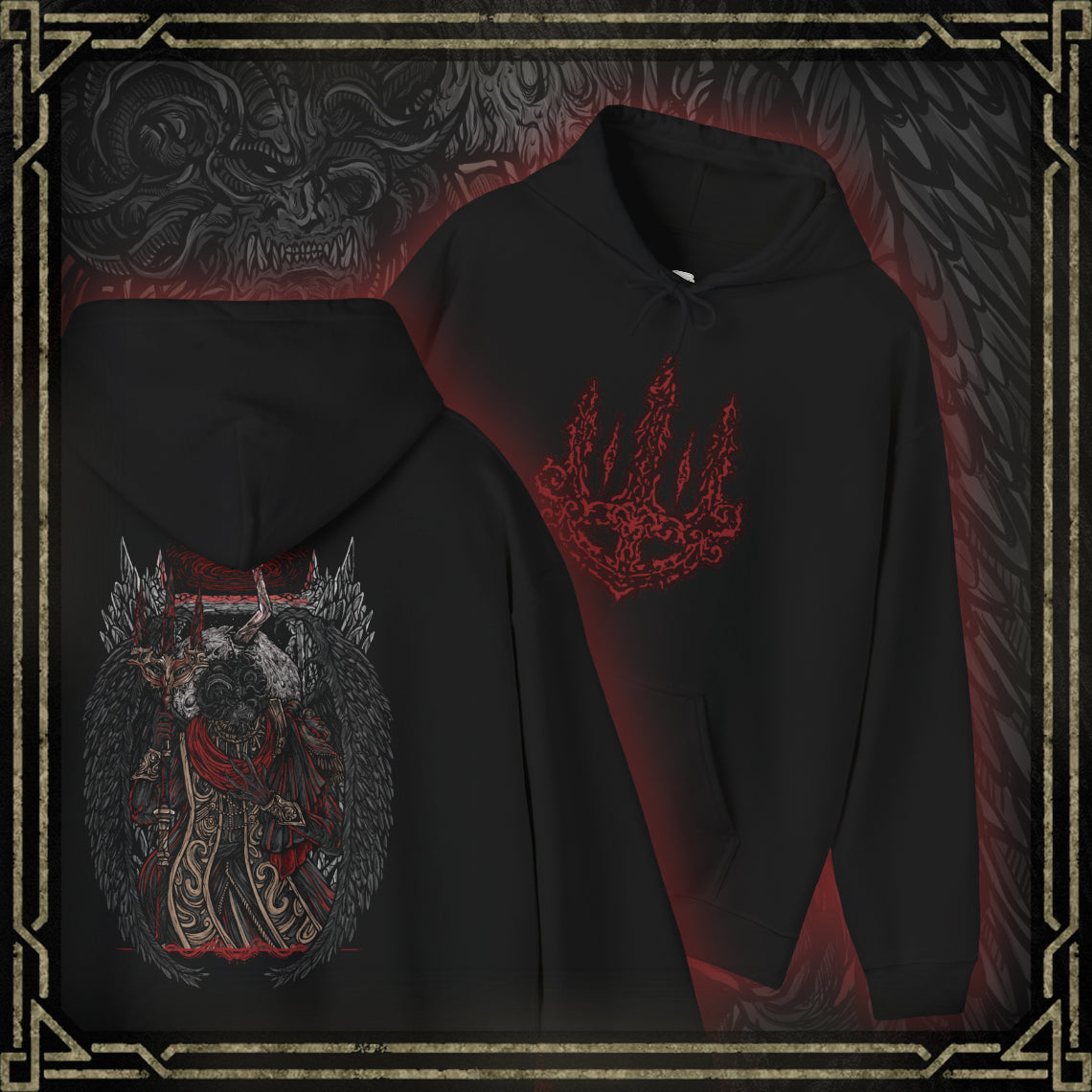 Thumbnail of a Hooded Sweatshirt featuring Mohg, Lord of Blood from Elden Ring, displaying his dark, blood-soaked figure and menacing aura, ideal for fans drawn to the sinister lore of the Blood Dynasty and the powerful demigod of the Lands Between.