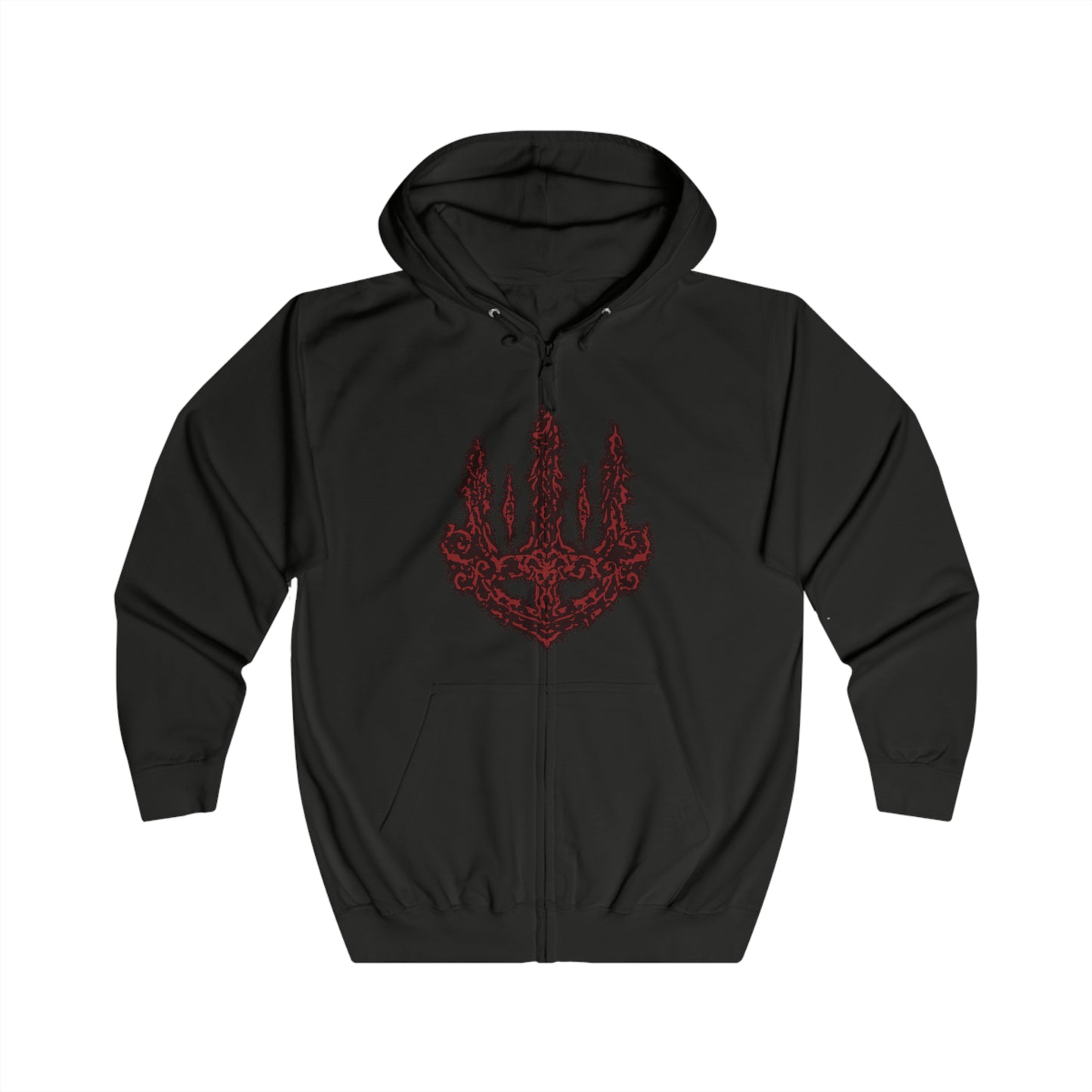 Image 4 of a Zip-up Hooded Sweatshirt featuring Mohg, Lord of Blood from Elden Ring, the dark demigod who dwells deep beneath the Lands Between. Cloaked in crimson and wielding cursed blood magic, Mohg seeks to establish a dynasty with the dormant Miquella. This design captures his regal menace and the grotesque beauty of his blood-soaked ambition.