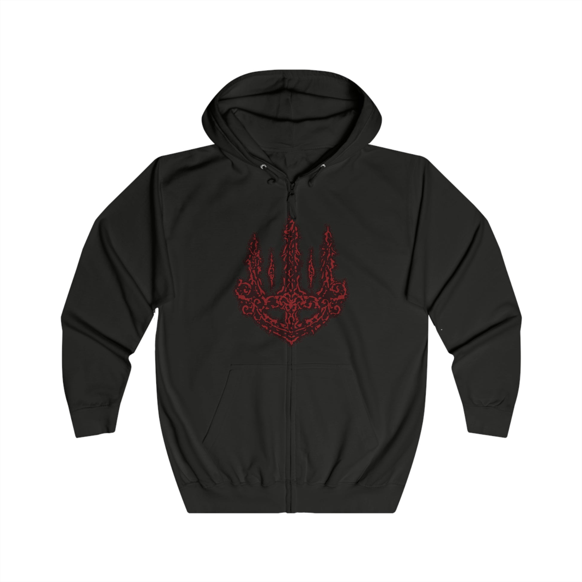 Image 4 of a Zip-up Hooded Sweatshirt featuring Mohg, Lord of Blood from Elden Ring, the dark demigod who dwells deep beneath the Lands Between. Cloaked in crimson and wielding cursed blood magic, Mohg seeks to establish a dynasty with the dormant Miquella. This design captures his regal menace and the grotesque beauty of his blood-soaked ambition.