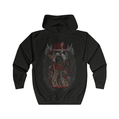Folded Zip-up Hooded Sweatshirt featuring Mohg, Lord of Blood from Elden Ring, the dark demigod who dwells deep beneath the Lands Between. Cloaked in crimson and wielding cursed blood magic, Mohg seeks to establish a dynasty with the dormant Miquella. This design captures his regal menace and the grotesque beauty of his blood-soaked ambition.