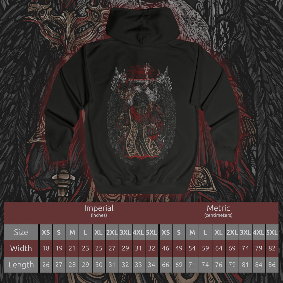 Size chart of a Zip-up Hooded Sweatshirt featuring Mohg, Lord of Blood from Elden Ring, the dark demigod who dwells deep beneath the Lands Between. Cloaked in crimson and wielding cursed blood magic, Mohg seeks to establish a dynasty with the dormant Miquella. This design captures his regal menace and the grotesque beauty of his blood-soaked ambition.