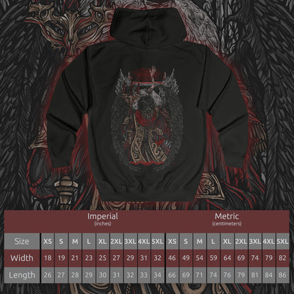 Size chart of a Zip-up Hooded Sweatshirt featuring Mohg, Lord of Blood from Elden Ring, the dark demigod who dwells deep beneath the Lands Between. Cloaked in crimson and wielding cursed blood magic, Mohg seeks to establish a dynasty with the dormant Miquella. This design captures his regal menace and the grotesque beauty of his blood-soaked ambition.