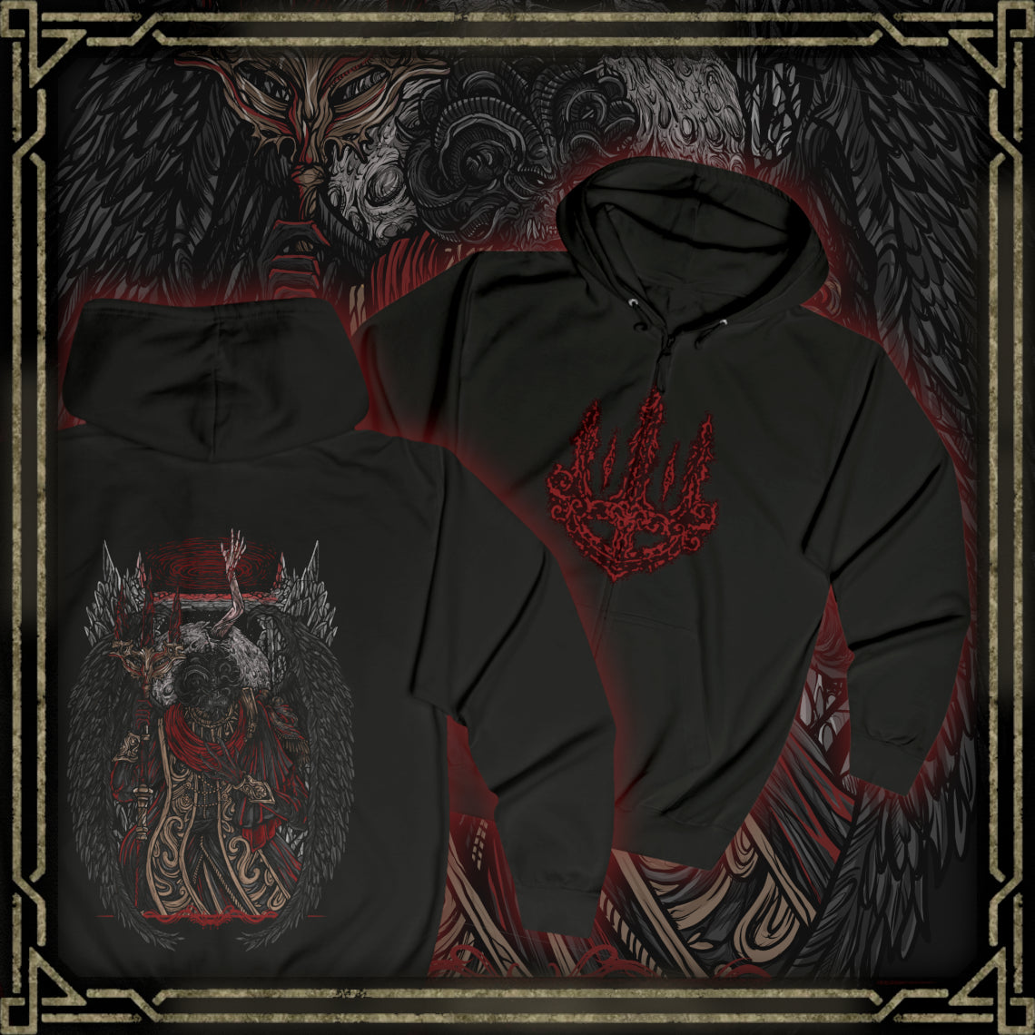 Thumbnail of a Zip-up Hooded Sweatshirt featuring Mohg, Lord of Blood from Elden Ring, the dark demigod who dwells deep beneath the Lands Between. Cloaked in crimson and wielding cursed blood magic, Mohg seeks to establish a dynasty with the dormant Miquella. This design captures his regal menace and the grotesque beauty of his blood-soaked ambition.