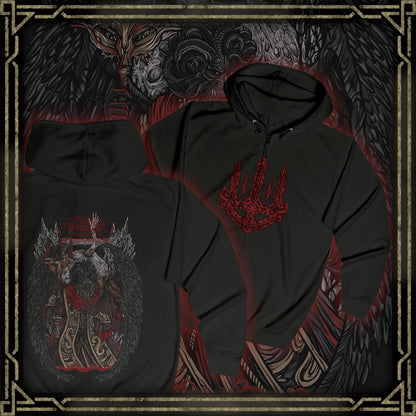 Thumbnail of a Zip-up Hooded Sweatshirt featuring Mohg, Lord of Blood from Elden Ring, the dark demigod who dwells deep beneath the Lands Between. Cloaked in crimson and wielding cursed blood magic, Mohg seeks to establish a dynasty with the dormant Miquella. This design captures his regal menace and the grotesque beauty of his blood-soaked ambition.