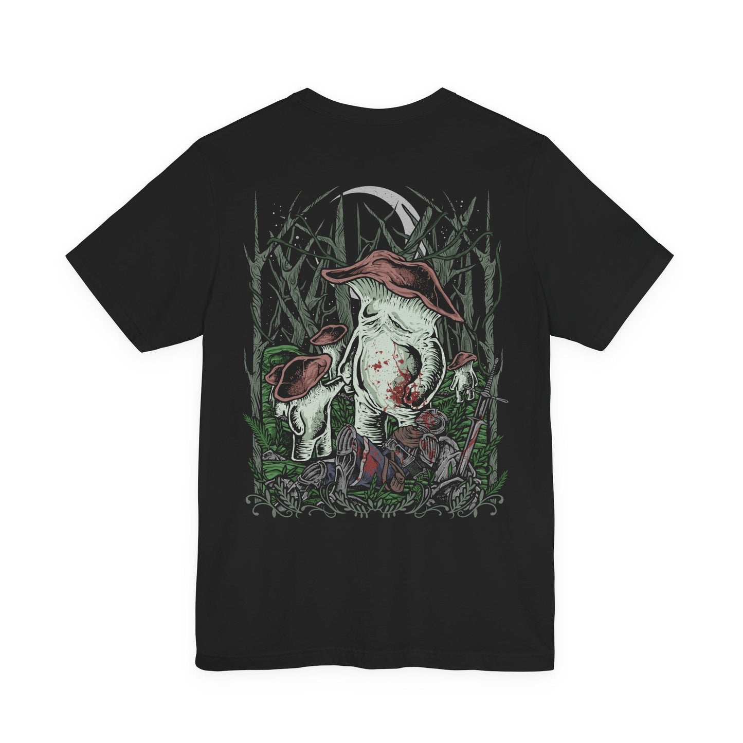 Image 5 of a T-Shirt artwork depicting the Mushroom People wandering through the forgotten depths of Darkroot Garden, surrounded by moss-covered ruins, towering trees, and drifting fog. Their distinctive fungal forms contrast with the dark woodland environment, creating an eerie yet whimsical scene. This design reflects the mysterious creatures hidden within one of Lordran's most atmospheric forests.