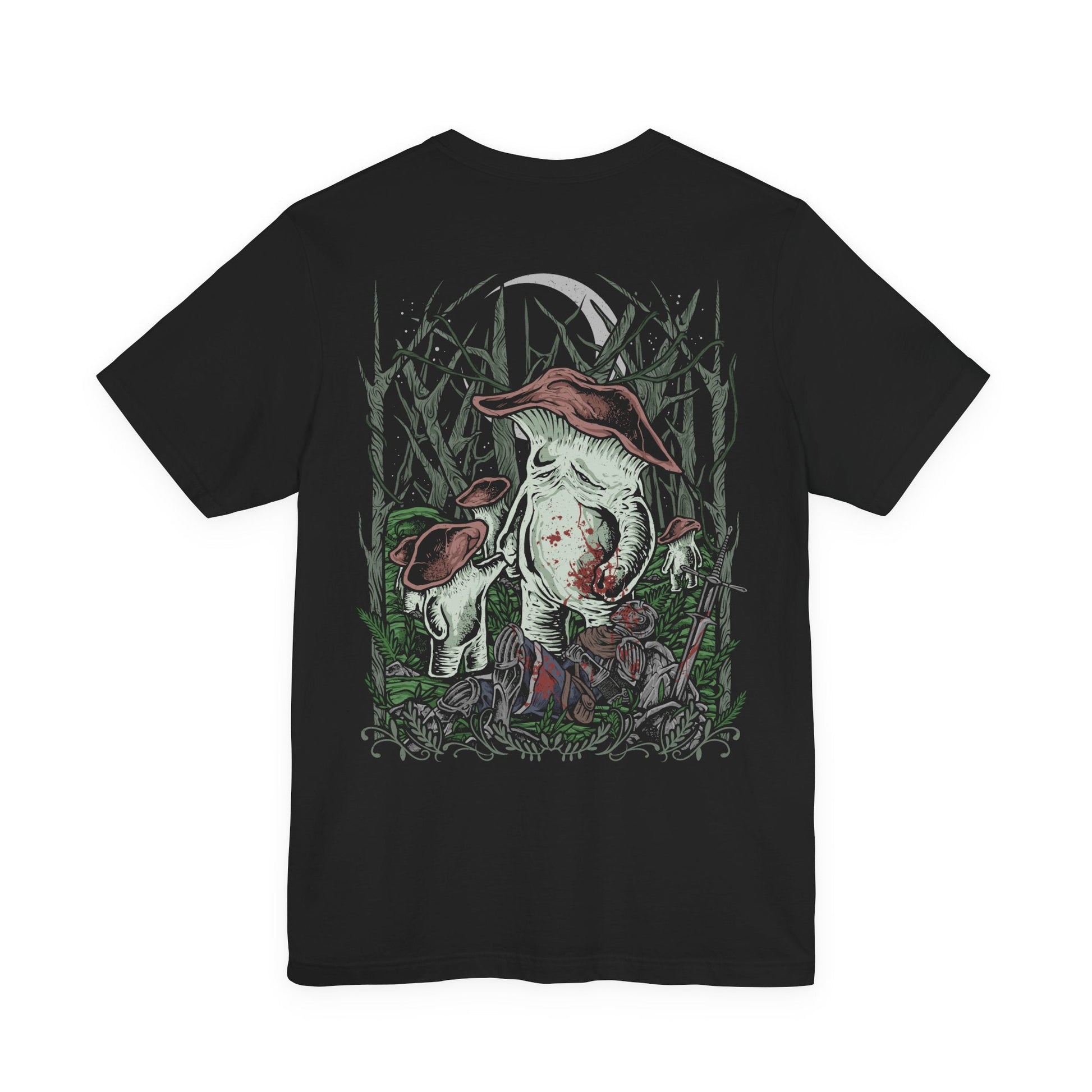 Image 5 of a T-Shirt artwork depicting the Mushroom People wandering through the forgotten depths of Darkroot Garden, surrounded by moss-covered ruins, towering trees, and drifting fog. Their distinctive fungal forms contrast with the dark woodland environment, creating an eerie yet whimsical scene. This design reflects the mysterious creatures hidden within one of Lordran's most atmospheric forests.
