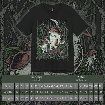 Size chart of a T-Shirt artwork depicting the Mushroom People wandering through the forgotten depths of Darkroot Garden, surrounded by moss-covered ruins, towering trees, and drifting fog. Their distinctive fungal forms contrast with the dark woodland environment, creating an eerie yet whimsical scene. This design reflects the mysterious creatures hidden within one of Lordran's most atmospheric forests.