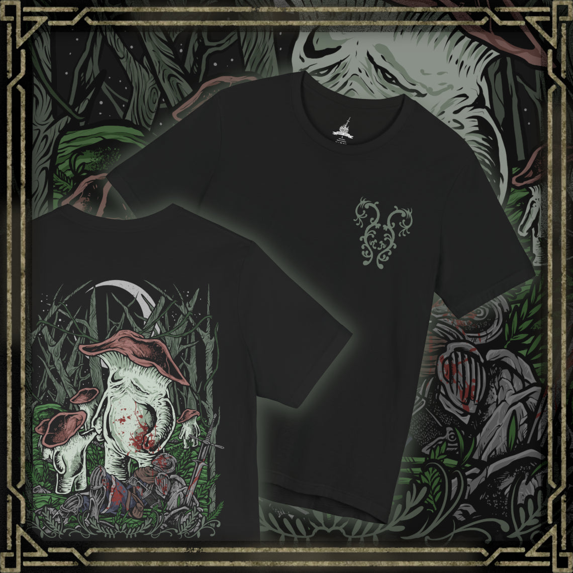 Thumbnail of a T-Shirt artwork depicting the Mushroom People wandering through the forgotten depths of Darkroot Garden, surrounded by moss-covered ruins, towering trees, and drifting fog. Their distinctive fungal forms contrast with the dark woodland environment, creating an eerie yet whimsical scene. This design reflects the mysterious creatures hidden within one of Lordran's most atmospheric forests.