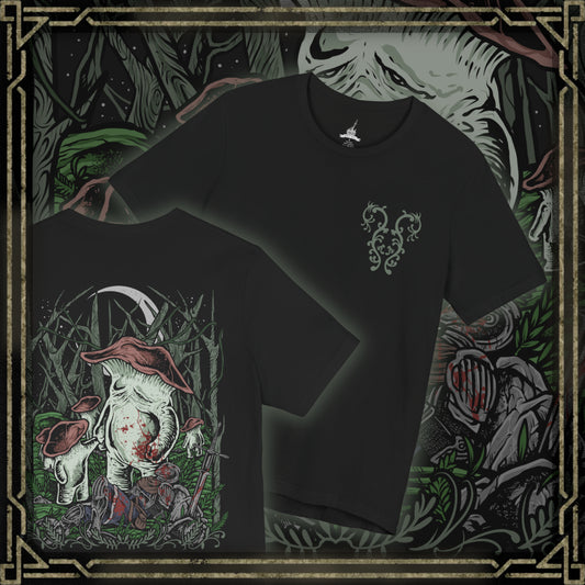 Thumbnail of a T-Shirt artwork depicting the Mushroom People wandering through the forgotten depths of Darkroot Garden, surrounded by moss-covered ruins, towering trees, and drifting fog. Their distinctive fungal forms contrast with the dark woodland environment, creating an eerie yet whimsical scene. This design reflects the mysterious creatures hidden within one of Lordran's most atmospheric forests.