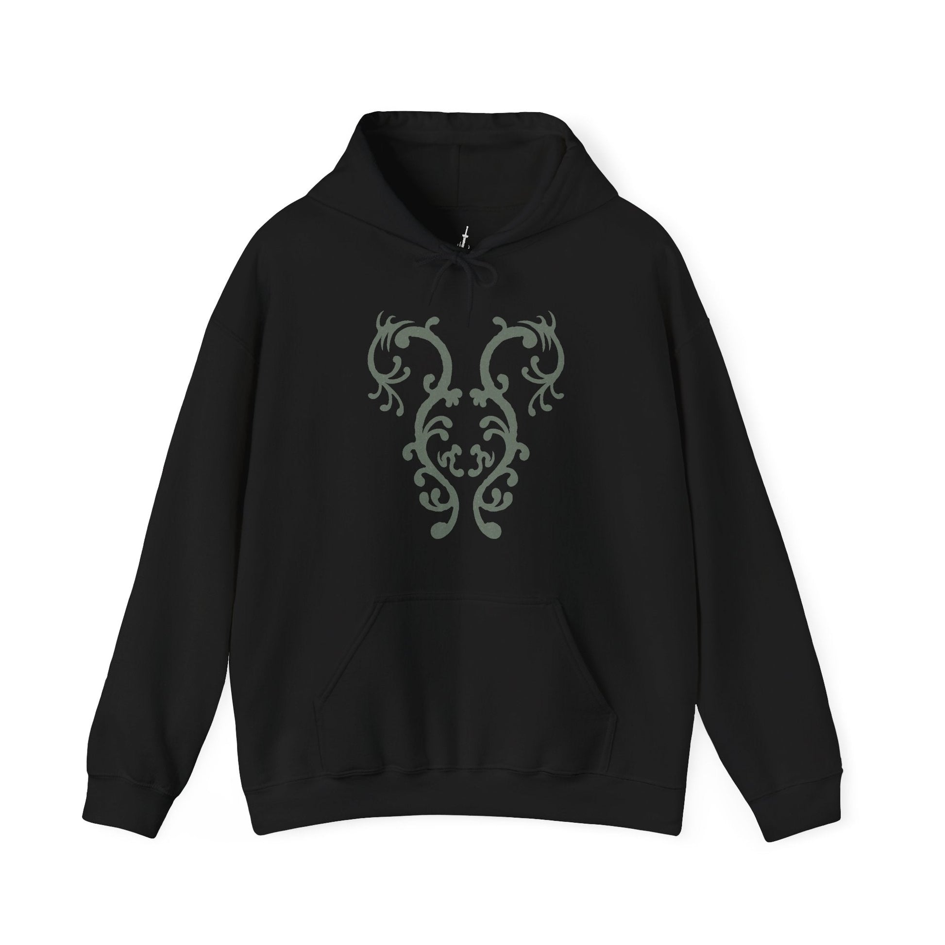 Image 4 of a Hooded Sweatshirt of the Mushroom People gathered beneath the ancient trees of Darkroot Garden, with enormous roots twisting through the forest floor and pale light cutting through the mist. Their unusual fungal bodies create an almost surreal presence within the wilderness. The composition emphasizes the mysterious nature, hidden secrets, and haunting beauty of Dark Souls' iconic woodland.