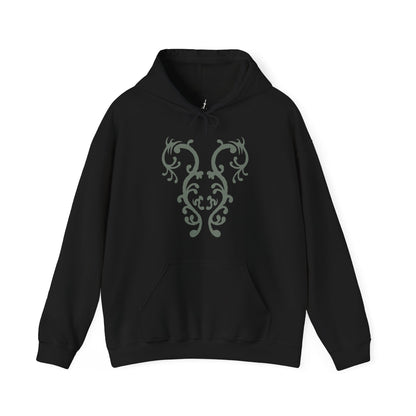Image 4 of a Hooded Sweatshirt of the Mushroom People gathered beneath the ancient trees of Darkroot Garden, with enormous roots twisting through the forest floor and pale light cutting through the mist. Their unusual fungal bodies create an almost surreal presence within the wilderness. The composition emphasizes the mysterious nature, hidden secrets, and haunting beauty of Dark Souls' iconic woodland.