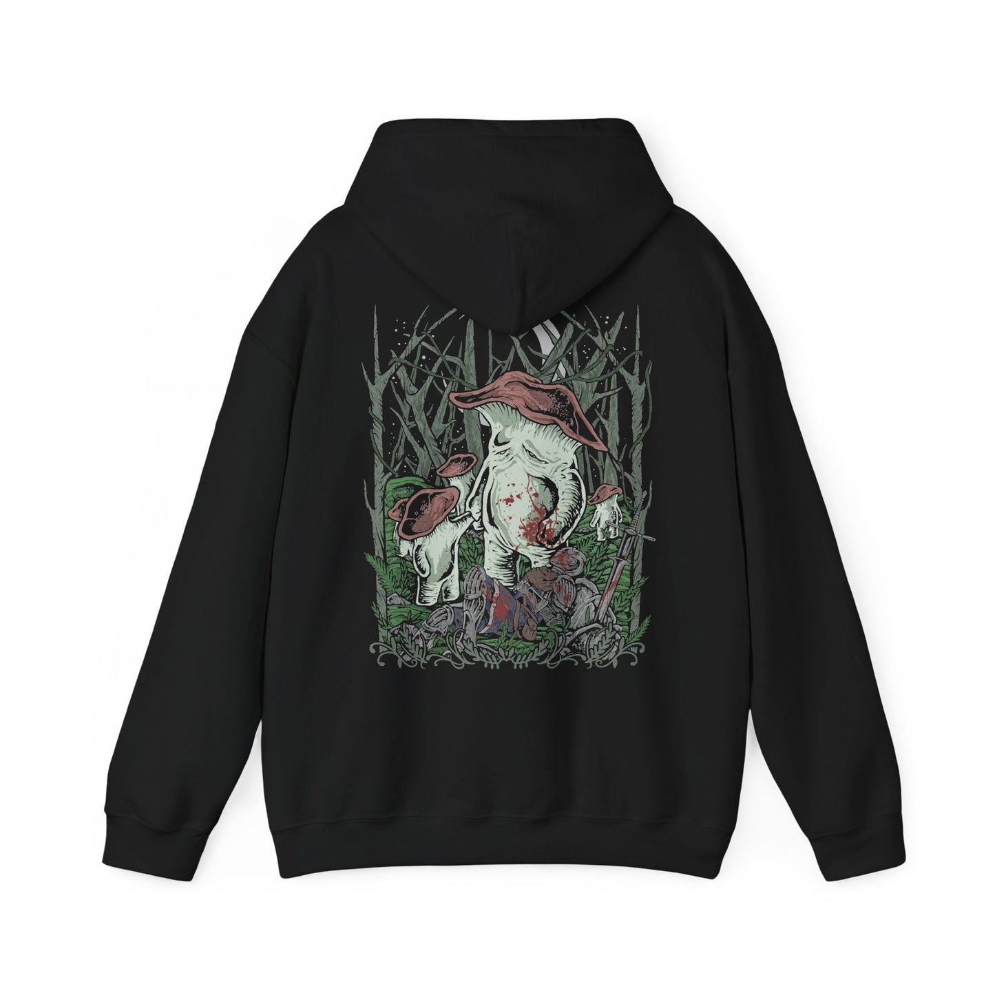 Image 5 of a Hooded Sweatshirt of the Mushroom People gathered beneath the ancient trees of Darkroot Garden, with enormous roots twisting through the forest floor and pale light cutting through the mist. Their unusual fungal bodies create an almost surreal presence within the wilderness. The composition emphasizes the mysterious nature, hidden secrets, and haunting beauty of Dark Souls' iconic woodland.