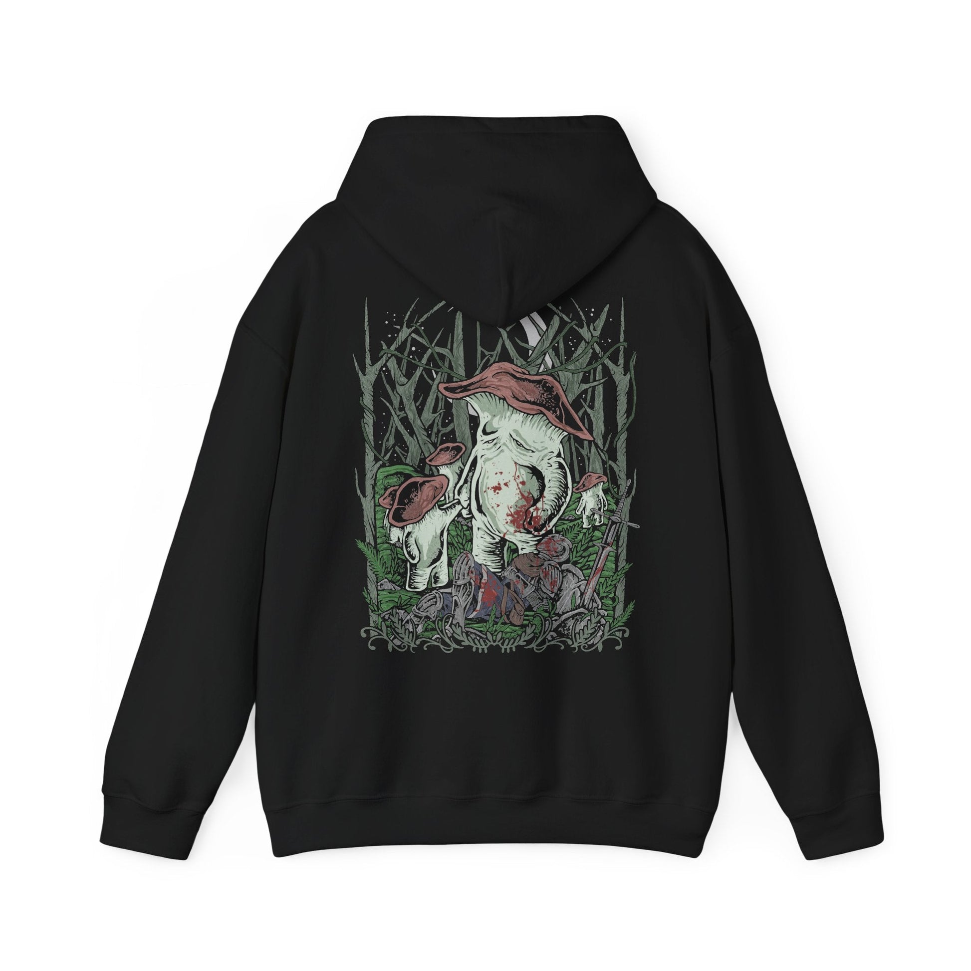Image 5 of a Hooded Sweatshirt of the Mushroom People gathered beneath the ancient trees of Darkroot Garden, with enormous roots twisting through the forest floor and pale light cutting through the mist. Their unusual fungal bodies create an almost surreal presence within the wilderness. The composition emphasizes the mysterious nature, hidden secrets, and haunting beauty of Dark Souls' iconic woodland.