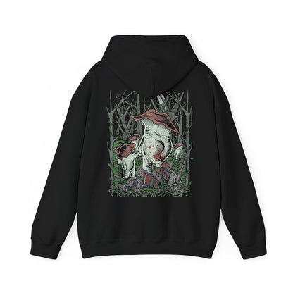 Image 5 of a Hooded Sweatshirt of the Mushroom People gathered beneath the ancient trees of Darkroot Garden, with enormous roots twisting through the forest floor and pale light cutting through the mist. Their unusual fungal bodies create an almost surreal presence within the wilderness. The composition emphasizes the mysterious nature, hidden secrets, and haunting beauty of Dark Souls' iconic woodland.