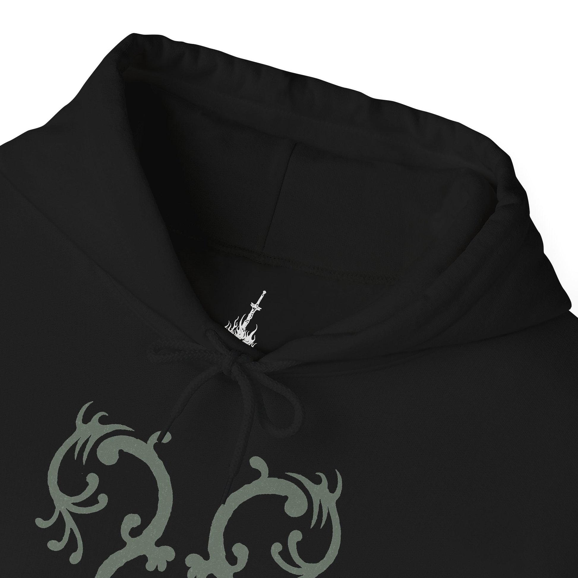 Folded Hooded Sweatshirt of the Mushroom People gathered beneath the ancient trees of Darkroot Garden, with enormous roots twisting through the forest floor and pale light cutting through the mist. Their unusual fungal bodies create an almost surreal presence within the wilderness. The composition emphasizes the mysterious nature, hidden secrets, and haunting beauty of Dark Souls' iconic woodland.