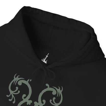 Folded Hooded Sweatshirt of the Mushroom People gathered beneath the ancient trees of Darkroot Garden, with enormous roots twisting through the forest floor and pale light cutting through the mist. Their unusual fungal bodies create an almost surreal presence within the wilderness. The composition emphasizes the mysterious nature, hidden secrets, and haunting beauty of Dark Souls' iconic woodland.