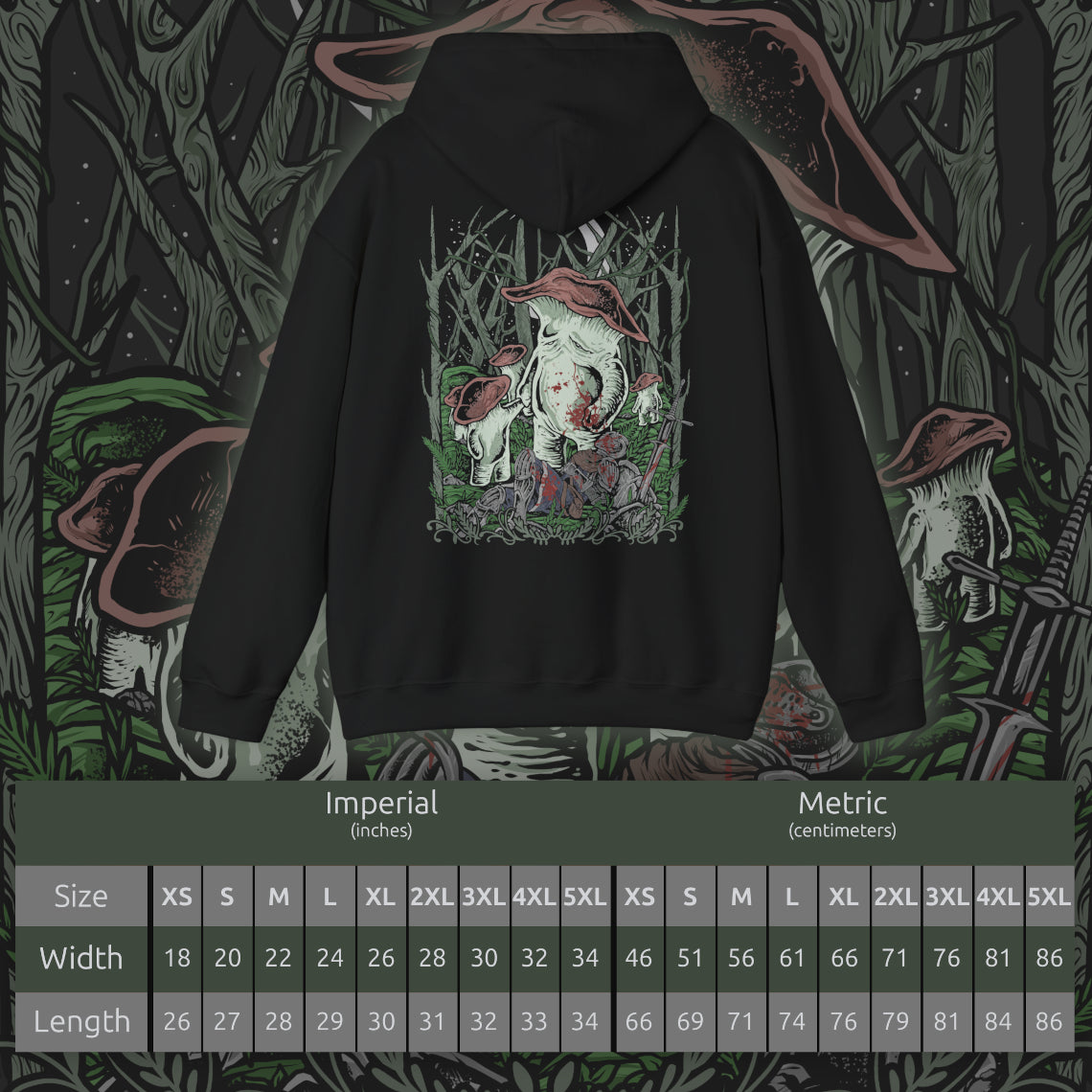 Size chart of a Hooded Sweatshirt of the Mushroom People gathered beneath the ancient trees of Darkroot Garden, with enormous roots twisting through the forest floor and pale light cutting through the mist. Their unusual fungal bodies create an almost surreal presence within the wilderness. The composition emphasizes the mysterious nature, hidden secrets, and haunting beauty of Dark Souls' iconic woodland.