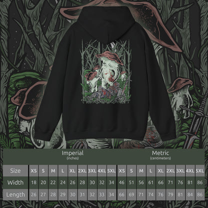 Size chart of a Hooded Sweatshirt of the Mushroom People gathered beneath the ancient trees of Darkroot Garden, with enormous roots twisting through the forest floor and pale light cutting through the mist. Their unusual fungal bodies create an almost surreal presence within the wilderness. The composition emphasizes the mysterious nature, hidden secrets, and haunting beauty of Dark Souls' iconic woodland.