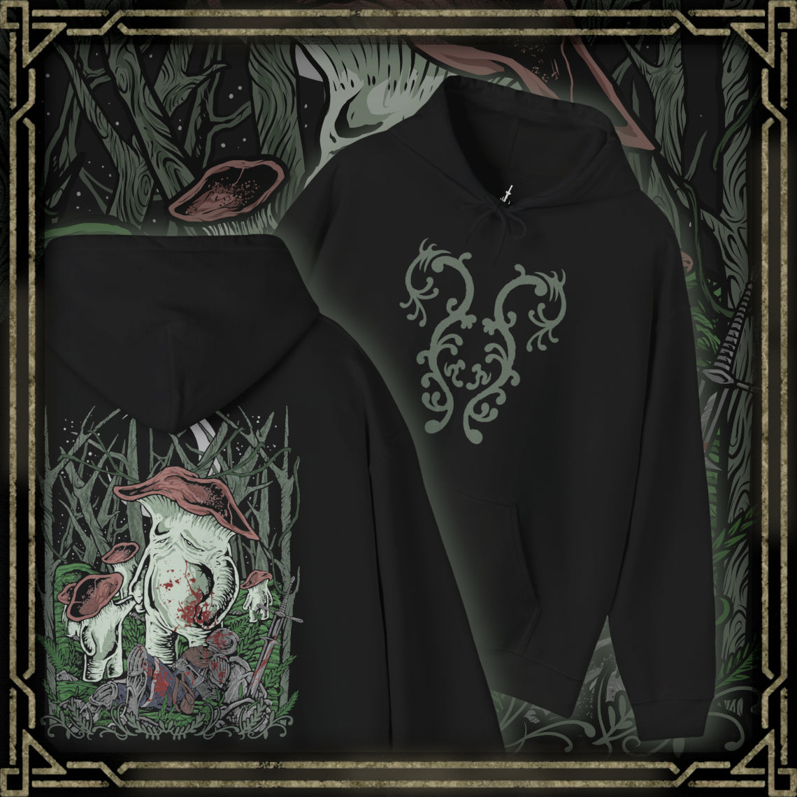 Thumbnail of a Hooded Sweatshirt of the Mushroom People gathered beneath the ancient trees of Darkroot Garden, with enormous roots twisting through the forest floor and pale light cutting through the mist. Their unusual fungal bodies create an almost surreal presence within the wilderness. The composition emphasizes the mysterious nature, hidden secrets, and haunting beauty of Dark Souls' iconic woodland.