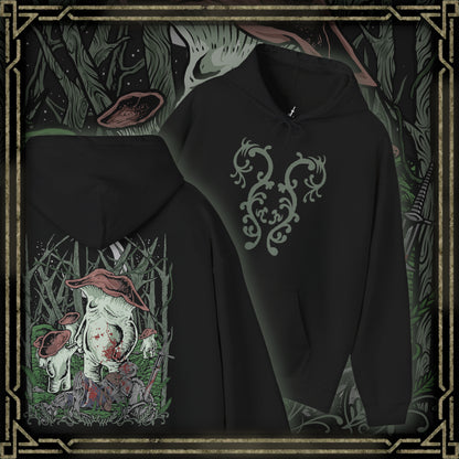 Thumbnail of a Hooded Sweatshirt of the Mushroom People gathered beneath the ancient trees of Darkroot Garden, with enormous roots twisting through the forest floor and pale light cutting through the mist. Their unusual fungal bodies create an almost surreal presence within the wilderness. The composition emphasizes the mysterious nature, hidden secrets, and haunting beauty of Dark Souls' iconic woodland.