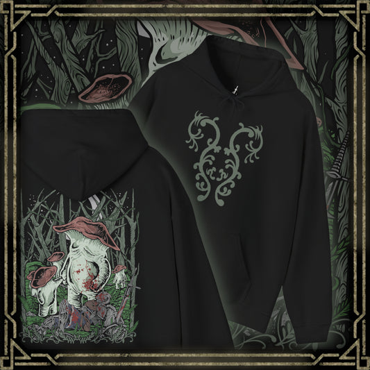 Thumbnail of a Hooded Sweatshirt of the Mushroom People gathered beneath the ancient trees of Darkroot Garden, with enormous roots twisting through the forest floor and pale light cutting through the mist. Their unusual fungal bodies create an almost surreal presence within the wilderness. The composition emphasizes the mysterious nature, hidden secrets, and haunting beauty of Dark Souls' iconic woodland.