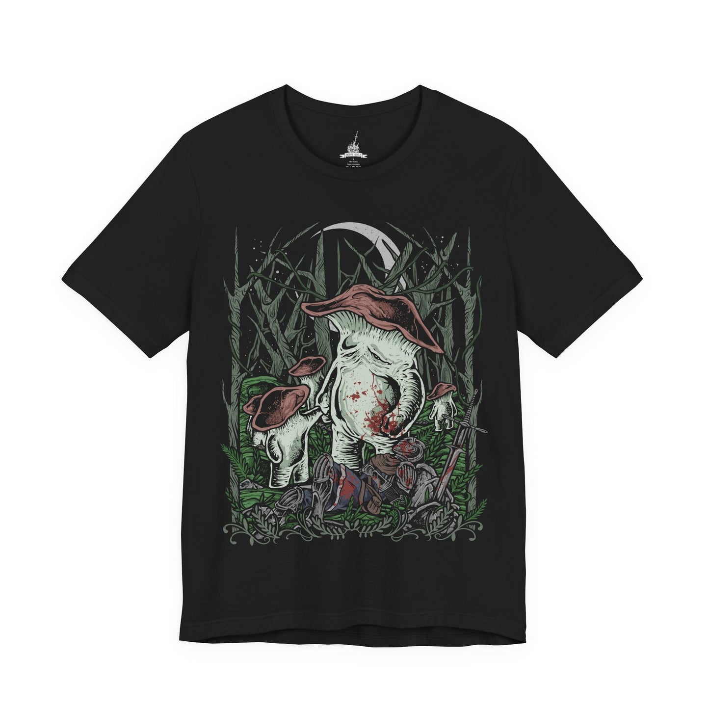 Image 4 of a T-Shirt design featuring the Mushroom People of Darkroot Garden from Dark Souls, standing among ancient trees, tangled roots, and thick forest mist. Their oversized mushroom-like bodies emerge from the shadows beneath the canopy while faint sunlight filters through the branches. The design captures the strange, peaceful, and unsettling atmosphere of Darkroot Garden and its mysterious inhabitants.