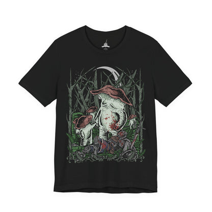 Image 4 of a T-Shirt design featuring the Mushroom People of Darkroot Garden from Dark Souls, standing among ancient trees, tangled roots, and thick forest mist. Their oversized mushroom-like bodies emerge from the shadows beneath the canopy while faint sunlight filters through the branches. The design captures the strange, peaceful, and unsettling atmosphere of Darkroot Garden and its mysterious inhabitants.