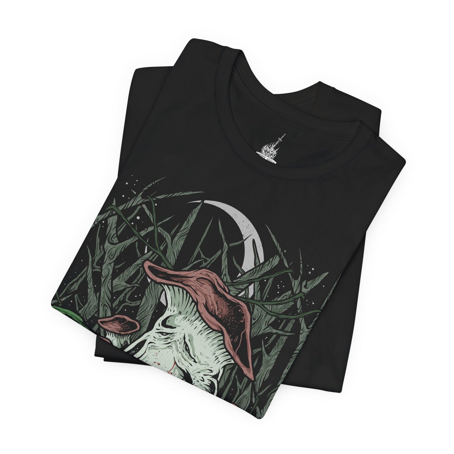 Image 5 of a T-Shirt design featuring the Mushroom People of Darkroot Garden from Dark Souls, standing among ancient trees, tangled roots, and thick forest mist. Their oversized mushroom-like bodies emerge from the shadows beneath the canopy while faint sunlight filters through the branches. The design captures the strange, peaceful, and unsettling atmosphere of Darkroot Garden and its mysterious inhabitants.