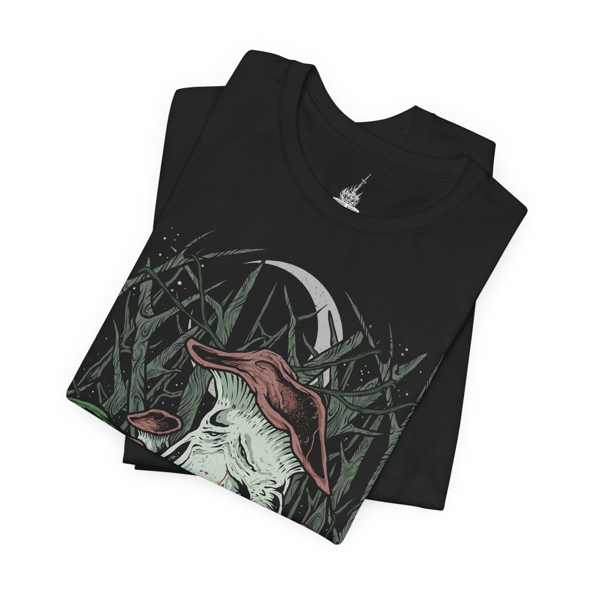 Image 5 of a T-Shirt design featuring the Mushroom People of Darkroot Garden from Dark Souls, standing among ancient trees, tangled roots, and thick forest mist. Their oversized mushroom-like bodies emerge from the shadows beneath the canopy while faint sunlight filters through the branches. The design captures the strange, peaceful, and unsettling atmosphere of Darkroot Garden and its mysterious inhabitants.