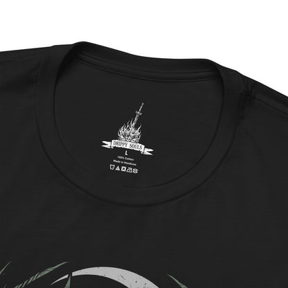 Folded T-Shirt design featuring the Mushroom People of Darkroot Garden from Dark Souls, standing among ancient trees, tangled roots, and thick forest mist. Their oversized mushroom-like bodies emerge from the shadows beneath the canopy while faint sunlight filters through the branches. The design captures the strange, peaceful, and unsettling atmosphere of Darkroot Garden and its mysterious inhabitants.
