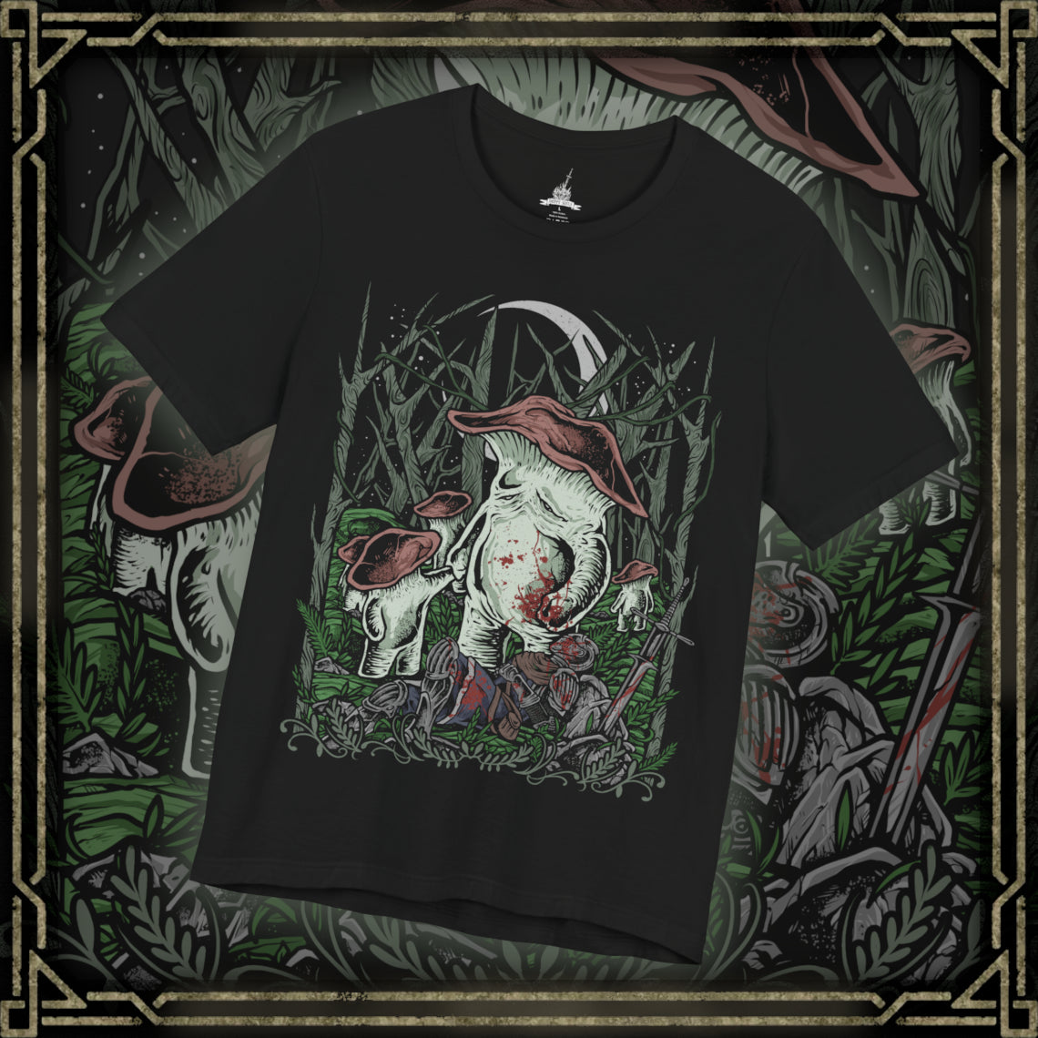 Thumbnail of a T-Shirt design featuring the Mushroom People of Darkroot Garden from Dark Souls, standing among ancient trees, tangled roots, and thick forest mist. Their oversized mushroom-like bodies emerge from the shadows beneath the canopy while faint sunlight filters through the branches. The design captures the strange, peaceful, and unsettling atmosphere of Darkroot Garden and its mysterious inhabitants.