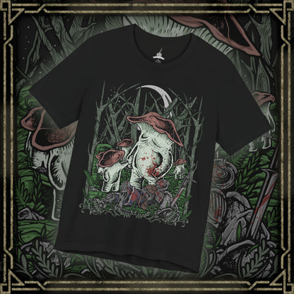 Thumbnail of a T-Shirt design featuring the Mushroom People of Darkroot Garden from Dark Souls, standing among ancient trees, tangled roots, and thick forest mist. Their oversized mushroom-like bodies emerge from the shadows beneath the canopy while faint sunlight filters through the branches. The design captures the strange, peaceful, and unsettling atmosphere of Darkroot Garden and its mysterious inhabitants.