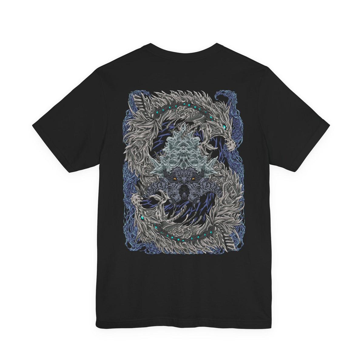 Image 5 of a T-Shirt artwork depicting Nakarkos rising from a massive pile of bones inside the Ruined Pinnacle, with multiple tentacles extending from its skeletal body and gripping enormous monster skulls. Dark cavern walls, scattered remains, and ghostly energy frame the creature as it prepares to attack. The composition highlights Nakarkos' bizarre appearance and mastery of scavenged monster remains.