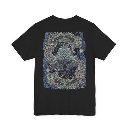 Image 5 of a T-Shirt artwork depicting Nakarkos rising from a massive pile of bones inside the Ruined Pinnacle, with multiple tentacles extending from its skeletal body and gripping enormous monster skulls. Dark cavern walls, scattered remains, and ghostly energy frame the creature as it prepares to attack. The composition highlights Nakarkos' bizarre appearance and mastery of scavenged monster remains.