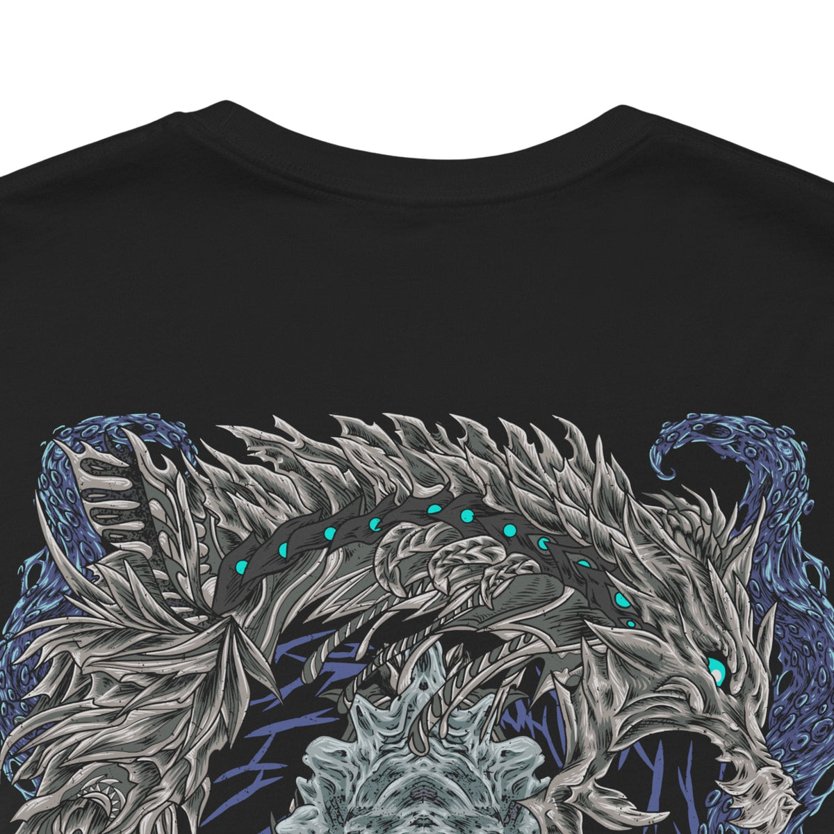 Image 7 of a T-Shirt artwork depicting Nakarkos rising from a massive pile of bones inside the Ruined Pinnacle, with multiple tentacles extending from its skeletal body and gripping enormous monster skulls. Dark cavern walls, scattered remains, and ghostly energy frame the creature as it prepares to attack. The composition highlights Nakarkos' bizarre appearance and mastery of scavenged monster remains.