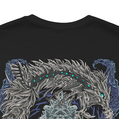 Image 7 of a T-Shirt artwork depicting Nakarkos rising from a massive pile of bones inside the Ruined Pinnacle, with multiple tentacles extending from its skeletal body and gripping enormous monster skulls. Dark cavern walls, scattered remains, and ghostly energy frame the creature as it prepares to attack. The composition highlights Nakarkos' bizarre appearance and mastery of scavenged monster remains.